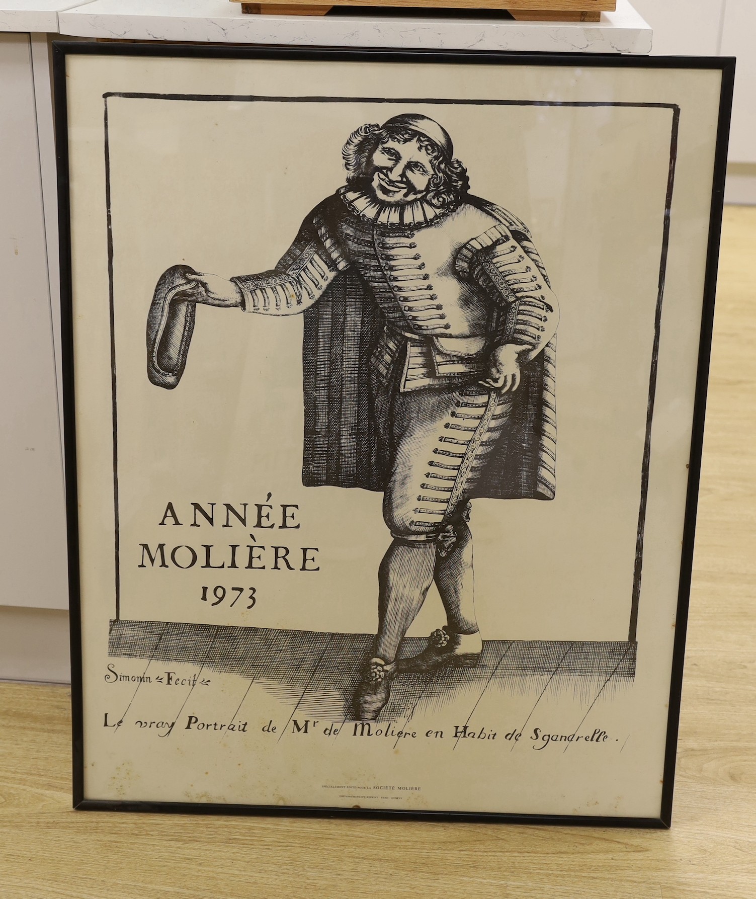 A French Année Molière 1973 Jean-Baptiste Poquelin framed film poster, together with a David Lance Goines ‘Le Matin’ 1976 poster. Largest 88 x 71cm